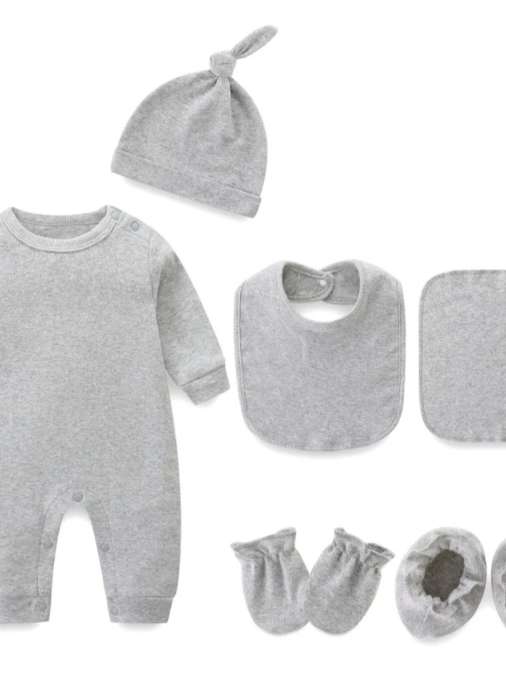 Gray Baby One-Piece with Hat, Bib & Booties Set